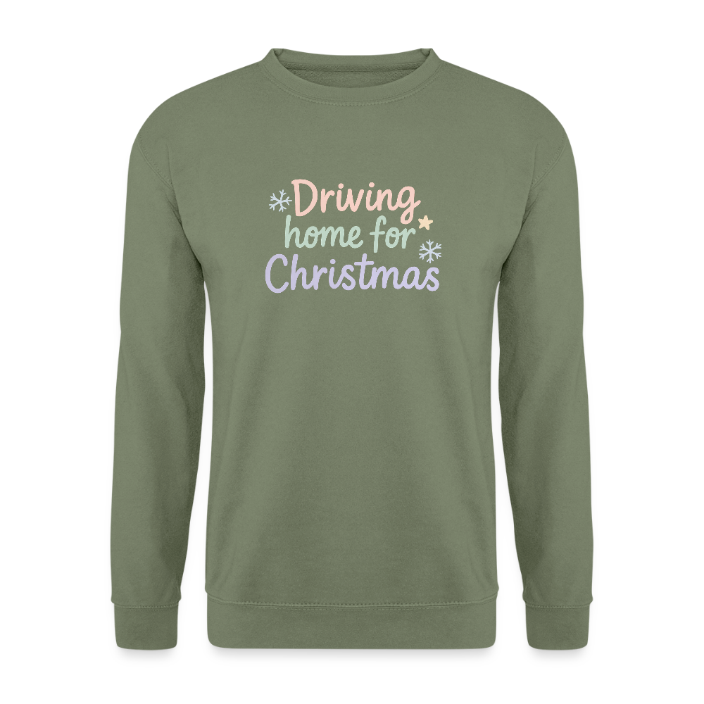 Unisex Pullover "Driving home for Christmas" - Armeegrün